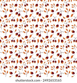 Seamless pattern design of autumn leaves and acorns isolated on background. Vector illustration.