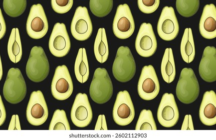 Seamless pattern design with avocado on black background. While vegetable, half and slices. Vector hand drawn repeated background for fabric or wallpaper.