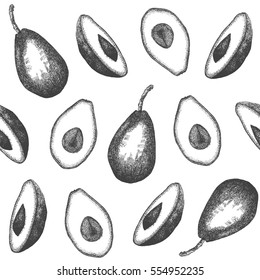 Seamless pattern design or background with avocado. Hand drawn illustration by ink and pen sketch set. Elements include drawing and their own background shape.