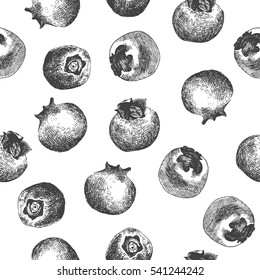 Seamless pattern design or background with blueberry. Hand drawn illustration by ink and pen sketch set. Elements include drawing and their own background shape.