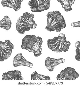 Seamless pattern design or background with broccoli. Hand drawn illustration by ink and pen sketch set. Elements include drawing and their own background shape.