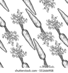 Seamless pattern design or background with carrot. Hand drawn illustration by ink and pen sketch set. Elements include drawing and their own background shape.