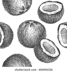 Seamless pattern design or background with coconut. Can be used for natural or organic fruit products and health care goods.