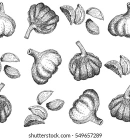 Seamless pattern design or background with garlic. Hand drawn illustration by ink and pen sketch set. 