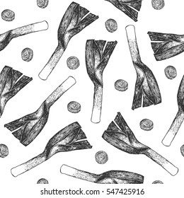 Seamless pattern design or background with leek. Hand drawn illustration by ink and pen sketch set. Elements include drawing and their own background shape.