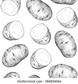 Seamless pattern design or background with potato. Hand drawn illustration by ink and pen sketch set. Design for fruit and vegetable products and health care goods.