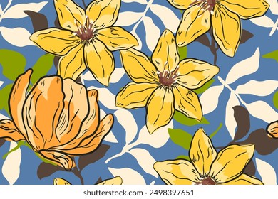 Seamless pattern design with beautiful flowers and leaves. floral and leaf patterns design for fabric, cotton, wallpaper, satin, gift wrap, carpet, backgrounds.	