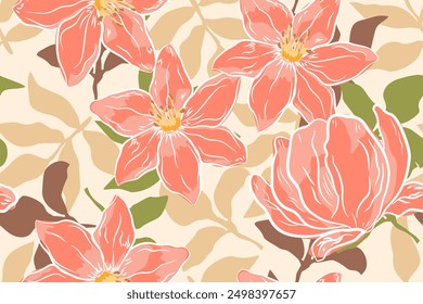 Seamless pattern design with beautiful flowers and leaves. floral and leaf patterns design for fabric, cotton, wallpaper, satin, gift wrap, carpet, backgrounds.	