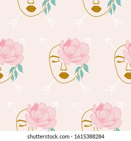 seamless pattern design with beautiful woman face and pink peonies, perfect to use on the web or in print