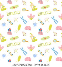 Diseño de patrones sin fisuras con ilustraciones de biología y letras. Antecedentes con los Elementos de la ciencia de la escuela: microscopio, células, ADN, zapatilla ciliada, cromosoma, corazón, cerebro, bacterias, virus, flor