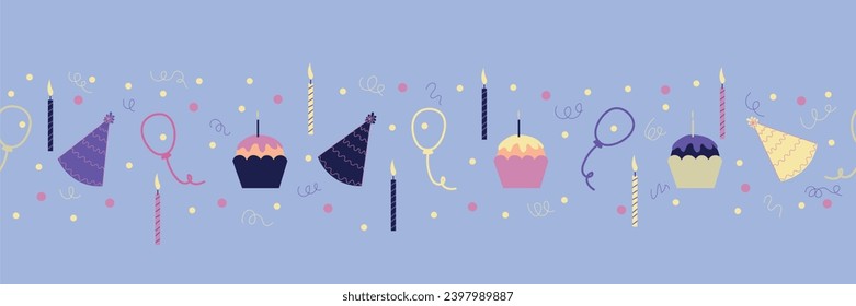 Seamless pattern for design with Birthday cake, party hats, cand