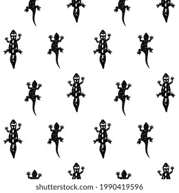 Seamless pattern design with black chameleons silhouettes, vector illustration on white background. Black and white endless repeatable texture with tropical lizards.