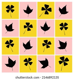 Diseño de patrón sin inconvenientes de hojas negras en bloques cuadrados rosados y amarillos.
Con espacio de copia.