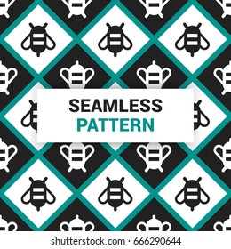 Seamless Pattern Design of black and white geometric abstract with honeybees vector background wallpaper print ready