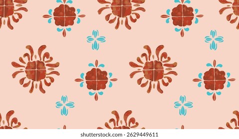 Seamless pattern design blends rustic charm with traditional tile motifs. Featuring terracotta-red floral medallions with painterly brushstroke textures and soft teal accent motifs