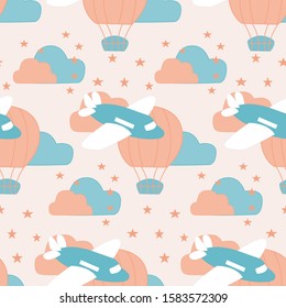 seamless pattern design with blue airplane and balloons, perfect to use on the web or in print