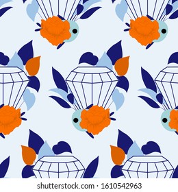 seamless pattern design with blue diamond, orange flowers and colorful maritime leaves, perfect to use on the web or in print