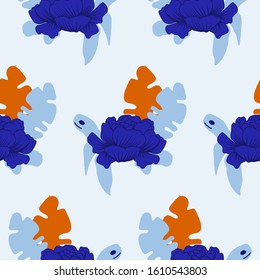 seamless pattern design with blue turtle and orange and light blue leaves, perfect to use on the web or in print for surface design