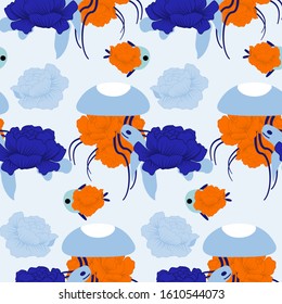 seamless pattern design with blue and white jellyfish and flower turtle, perfect to use on the web or in print