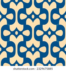 Seamless pattern design with a blue and yellow color scheme against a white background, showcasing symmetry and repeating fabric elements.