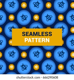 Seamless Pattern Design of blue and yellow honeycombs and honeybees vector background wallpaper print ready