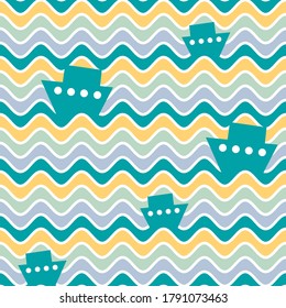 Seamless pattern design with boats and waves. Vector ship illustration.