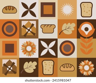 Seamless pattern design of bread. Patern geometric shapes, bread, mill, pastries, in soft yellow-brown tones. Pattern for packaging, poster, banner, card, flyer on the theme of bakery products. Vector