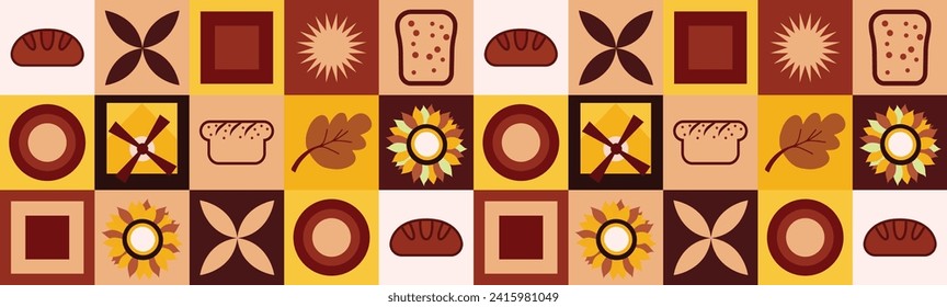 Seamless pattern design of bread. Patern geometric shapes, bread, mill, pastries, in soft yellow-brown tones. Pattern for packaging, poster, banner, card, flyer on the theme of bakery products. Vector