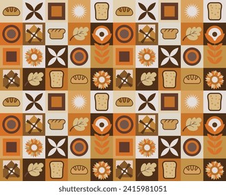 Seamless pattern design of bread. Patern geometric shapes, bread, mill, pastries, in soft yellow-brown tones. Pattern for packaging, poster, banner, card, flyer on the theme of bakery products. Vector