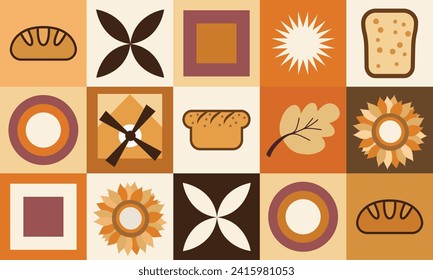 Seamless pattern design of bread. Patern geometric shapes, bread, mill, pastries, in soft yellow-brown tones. Pattern for packaging, poster, banner, card, flyer on the theme of bakery products. Vector