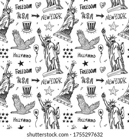 Seamless pattern for design of cards, banners, covers American holidays and textiles. Sketch background with the Statue of Liberty, eagle, American flag, stars, lettering.