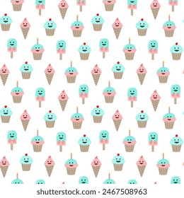 seamless pattern design with cartoon ice cream theme suitable for paper wrap, background and more