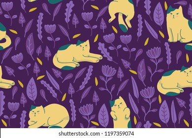 seamless pattern design with cat and leaf shape element