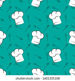
seamless pattern design chef hat and fork spoon. blue background. for kitchen themes, wallpapers and can be printed on fabric. modern flat design. vector