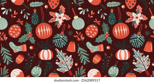 Seamless pattern design for Christmas and New Year holiday event in cute hand-drawn doodle graphic design.