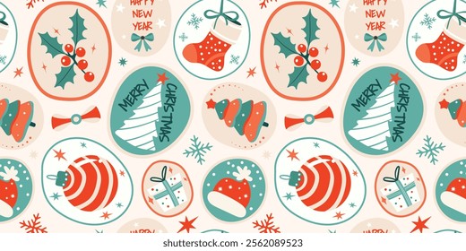 Seamless pattern design for Christmas and New Year holiday event in cute hand-drawn doodle graphic design.