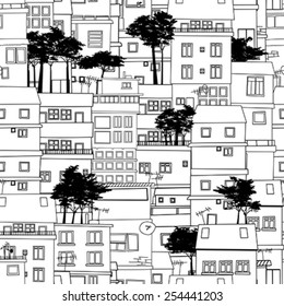 Seamless pattern design with city sketch in black and white