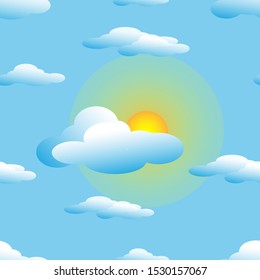 
seamless pattern design of clouds and sun in a clear sky. blue background. moderns wallpaper designs and ready to print.