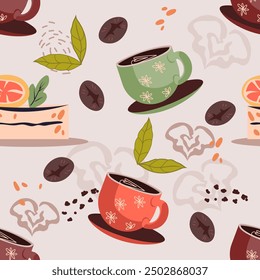 Seamless pattern design with coffee cups and cake, vector illustration. Design for poster, card or for coffeehouse and packaging.