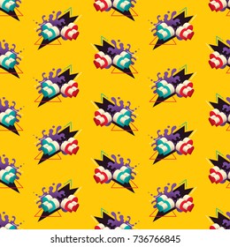 Seamless pattern design in color, made of isometric hearts and abstract shapes. Vector illustration.