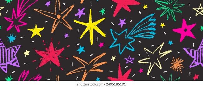 Seamless pattern design with colorful doodle stars and comets. Hand drawn charcoal doodle magic stars. Childish style of meteoroid, comet and asteroid. 
