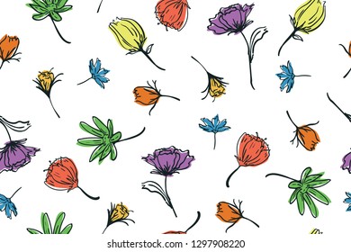 seamless pattern design with colorful hand drawn flower shape element