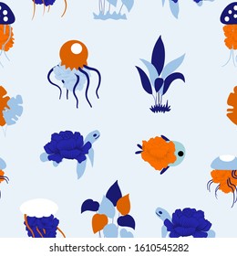 seamless pattern design with colorful jellyfishes and flowers, perfect to use on the web or in print