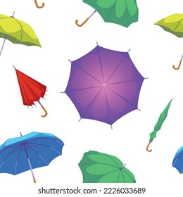 Seamless pattern design with colorful shut and open umbrellas, flat vector illustration on white background. Summer and autumn season endless pattern with umbrellas.