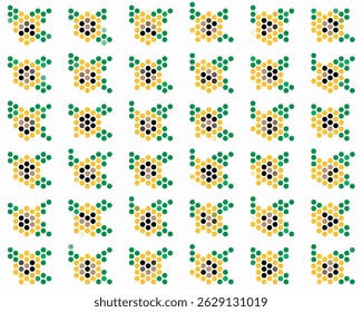 Seamless pattern design composed of abstract sunflower shapes made with colorful circles, features yellow petals, green leaves, and dark centers arranged in a geometric grid over a white background.