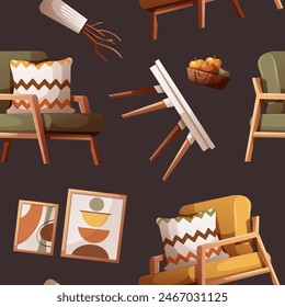 Seamless pattern design with cozy armchairs, paintings, coffee table. Interior design, furniture, home decor concept. Vector illustration for background, scrapbooking, wrapping paper.
