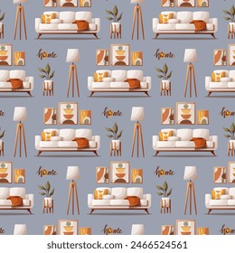 Seamless pattern design with cozy sofa, potted plant, tripod floor lamp. Interior design, home decor, furniture, living room concept.  Vector illustration for background, scrapbook, wrapping paper.