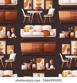 Seamless pattern design with cozy white sofa, wooden tv stand, dining table with chairs. Interior design, home decor, furniture concept. Vector illustration for background, scrapbook, wrapping paper.