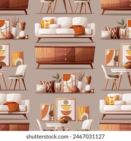 Seamless pattern design with cozy white sofa, wooden tv stand, dining table with chairs. Interior design, home decor, furniture concept. Vector illustration for background, scrapbook, wrapping paper.