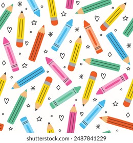 Seamless pattern design with crayons. Abstract school background. Vector illustration